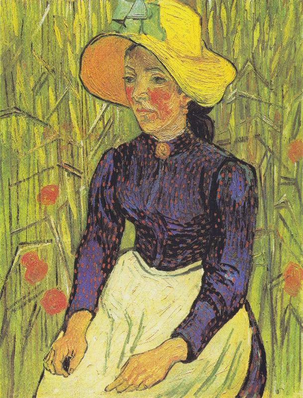 Vincent Van Gogh Young Peasant Woman with straw hat sitting in front of a wheat field oil painting image
